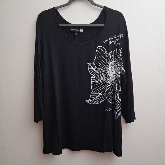 ANTTHONY Knit Top Blouse Plus 3X Black White Floral 3/4 Sleeve Stretch Scoop NWT - Picture 1 of 5